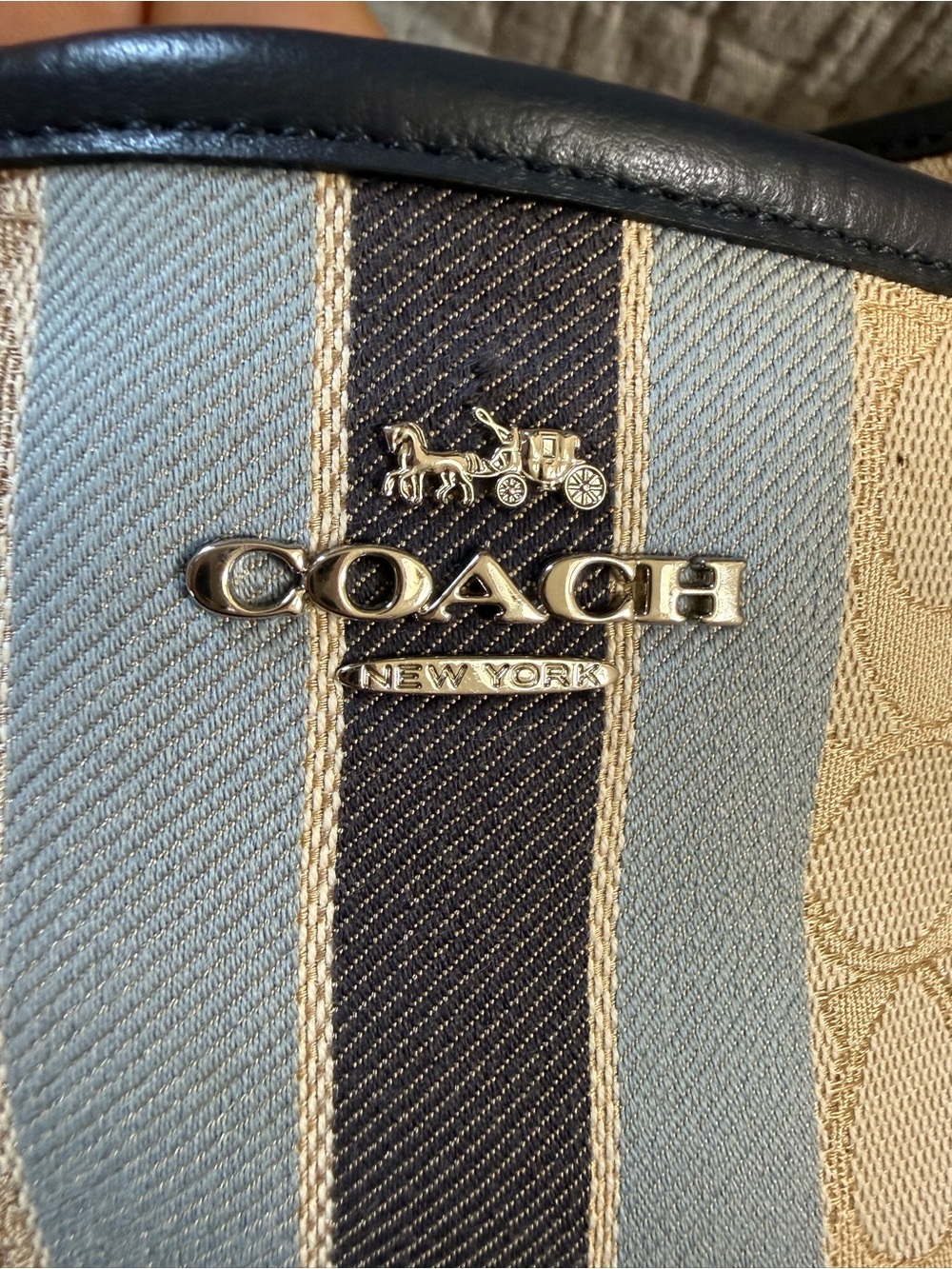 Coach Striped Blue and Tan Shoulder Bag with Silver Logo